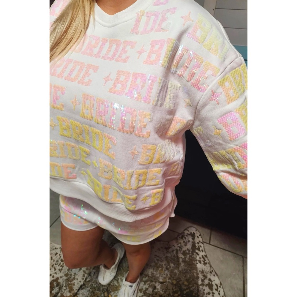 QUEEN OF SPARKLES White Bride Pastel Sequin Sweatshirt